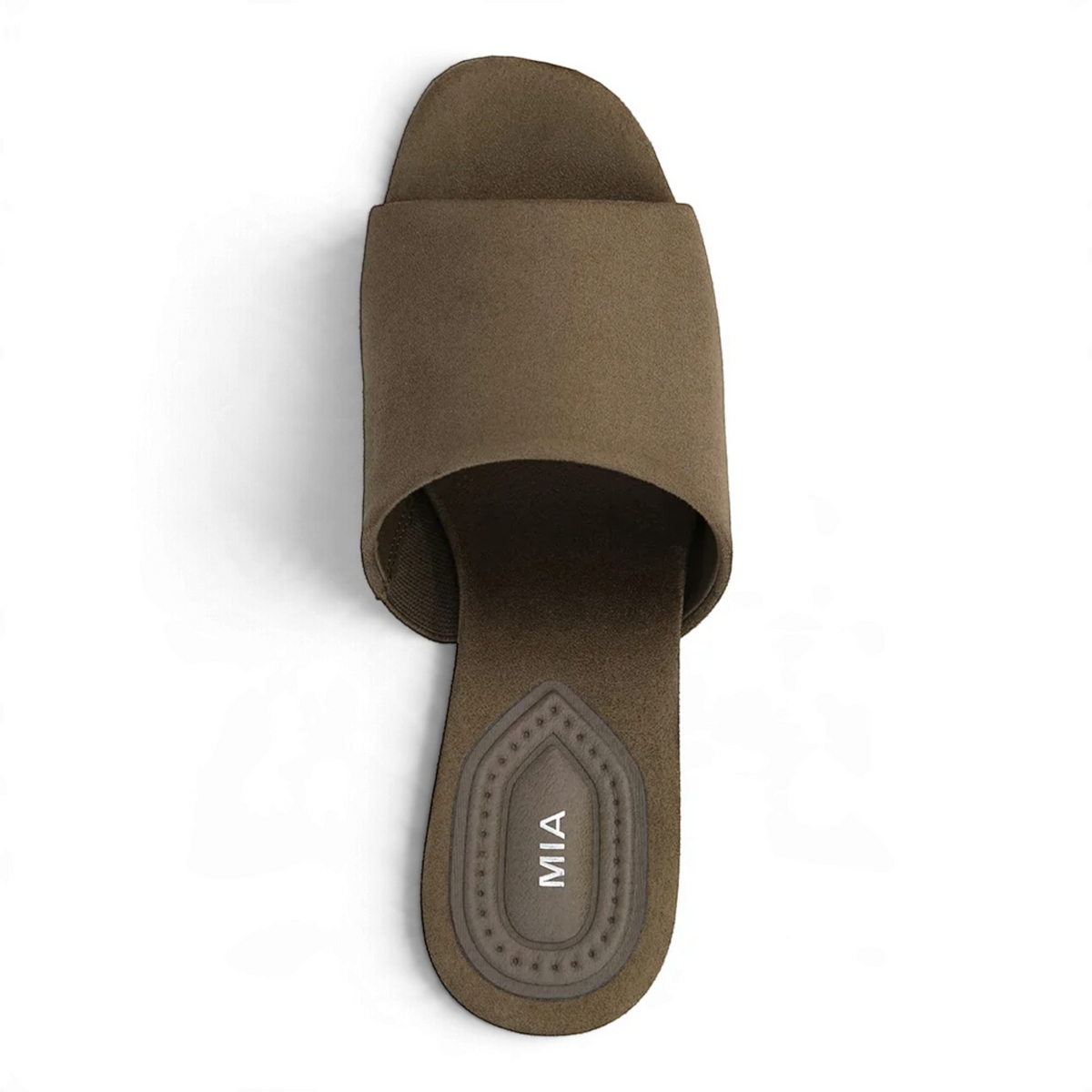 Khaki open-toe wedge slide sandals, footbed view with MIA logo on insole