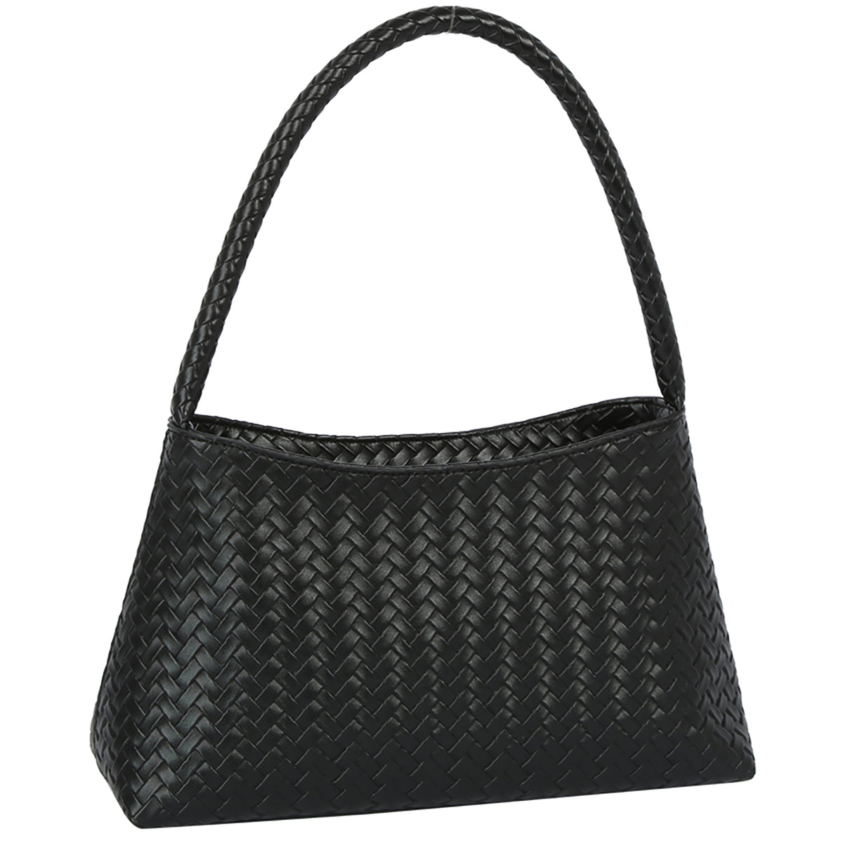 Black woven shoulder bag with braided top handle and basket-weave pattern