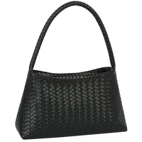 Black woven shoulder bag with braided top handle and basket-weave pattern