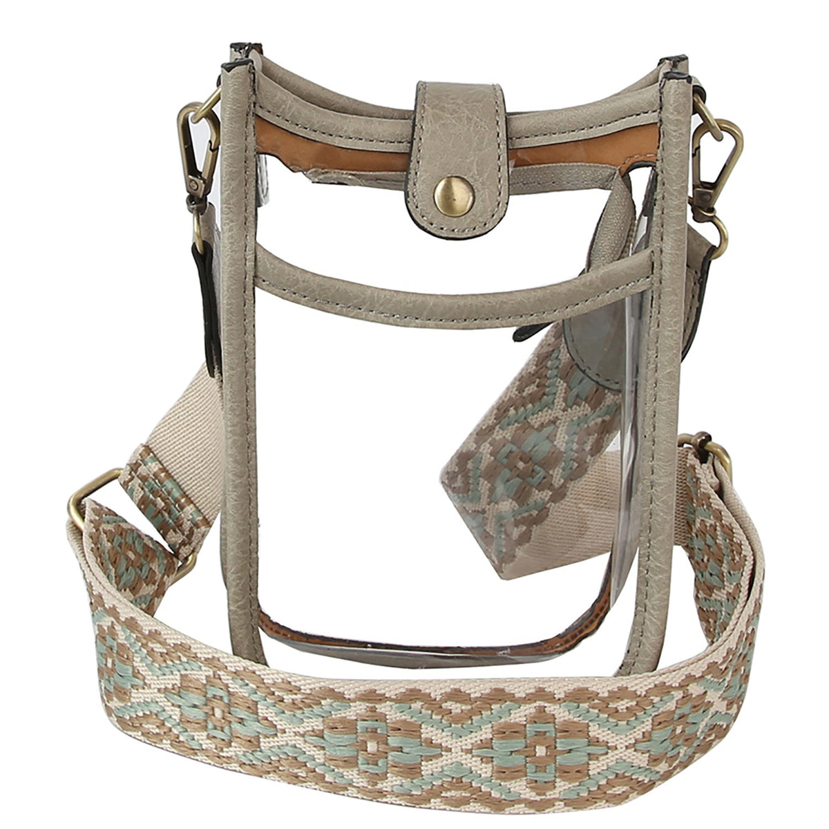 Clear handbag with patterned strap on a white background