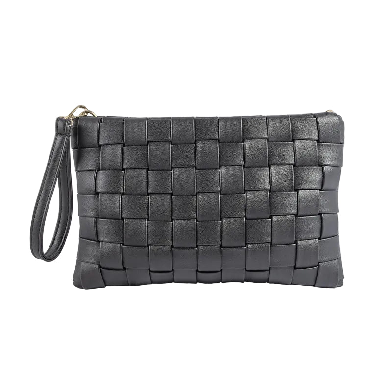 Woven gray clutch bag on a light wooden surface