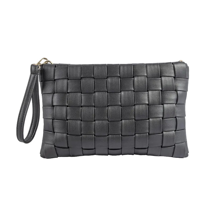 Woven gray clutch bag on a light wooden surface