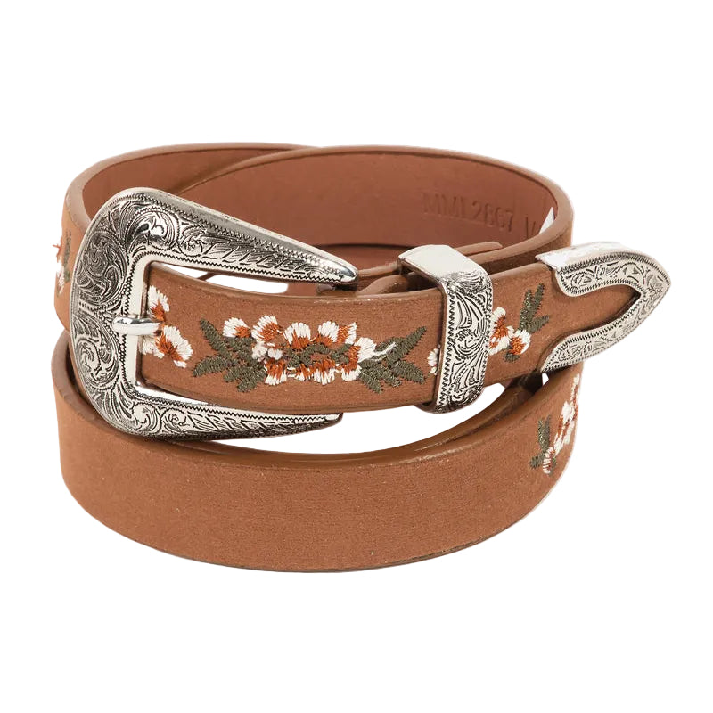 Brown leather belt with floral embroidery and silver buckle on a white background