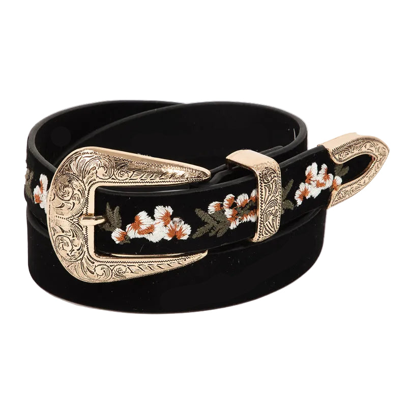 Black belt with floral embroidery and gold buckle on a white background