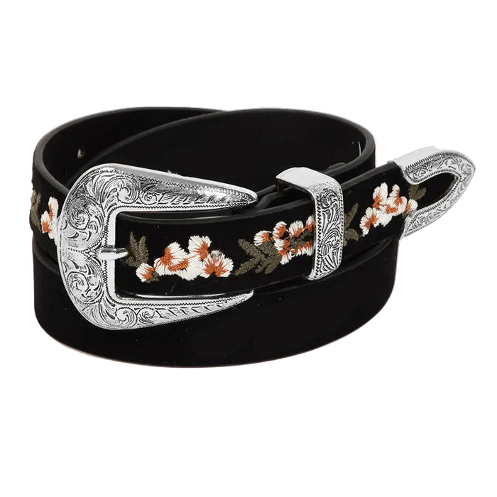 A black belt with a silver etched buckle featuring flower embroidery.