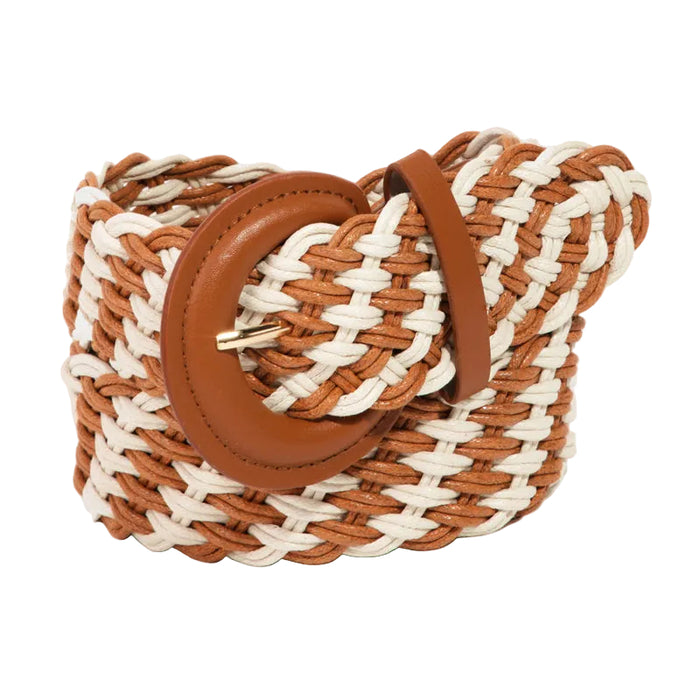 Woven handbag with brown leather handle on a white background