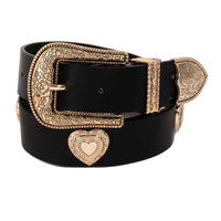Black belt with gold buckle and heart-shaped emblem on a white background