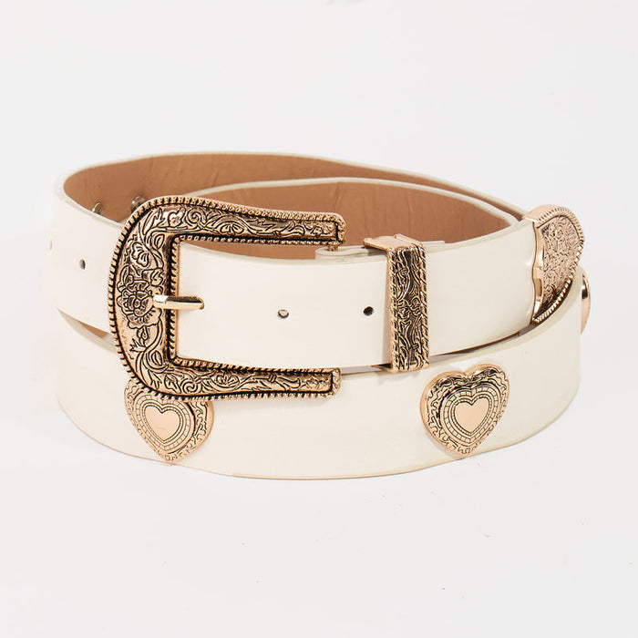 White belt with decorative gold buckle and heart shapes on a white background