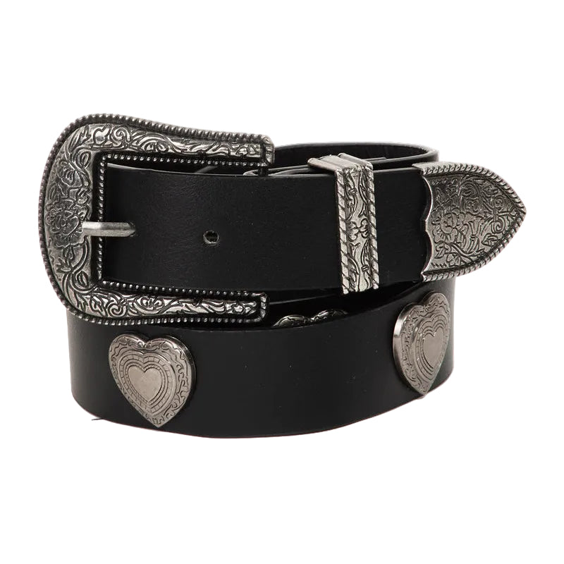 Black belt with silver concho details on a white background