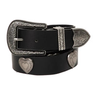 Black belt with silver concho details on a white background