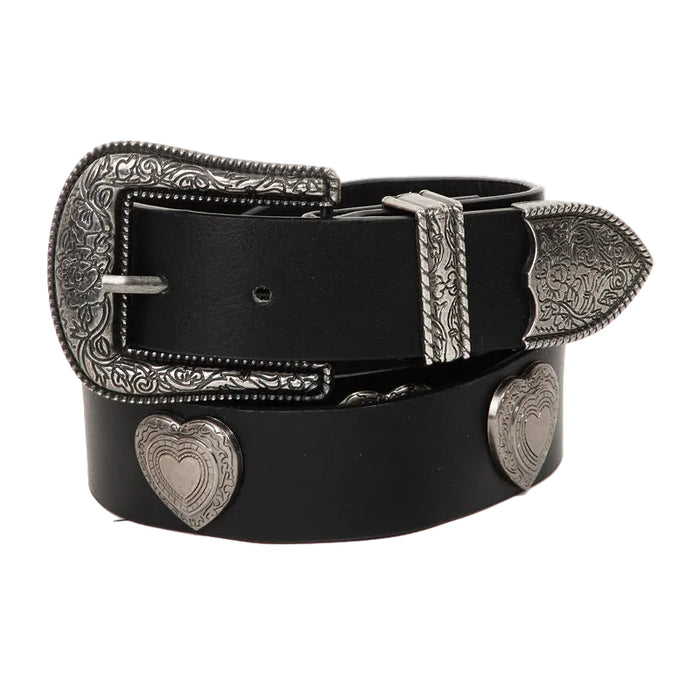 Black belt with silver concho details on a white background