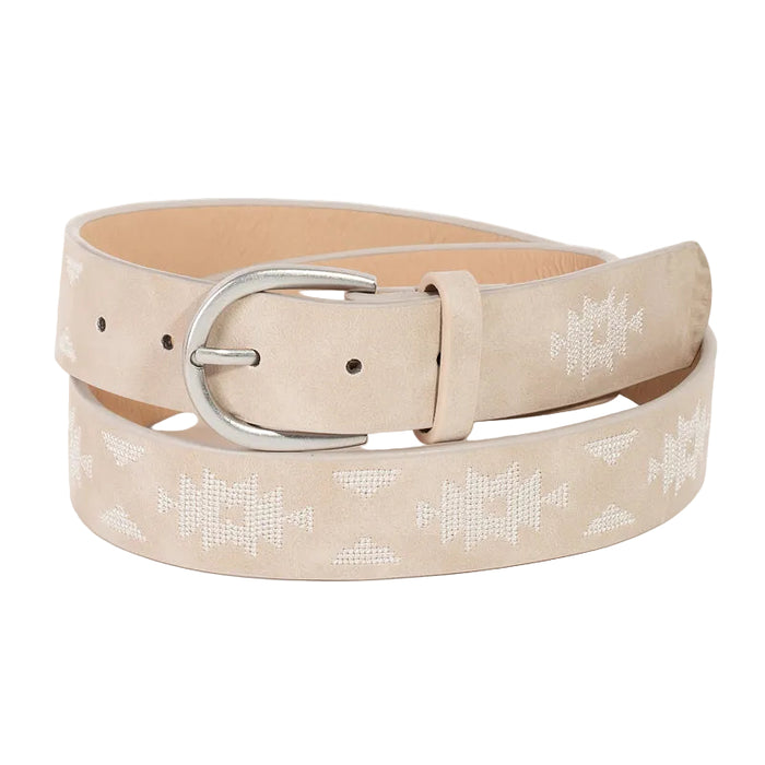Beige belt with floral pattern and silver buckle on a white background