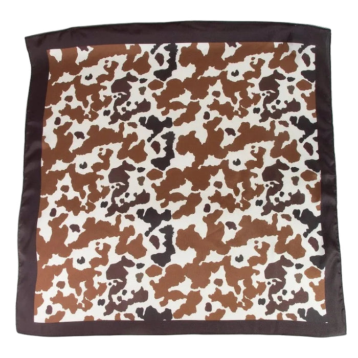 Square scarf with brown and white abstract pattern on a plain background