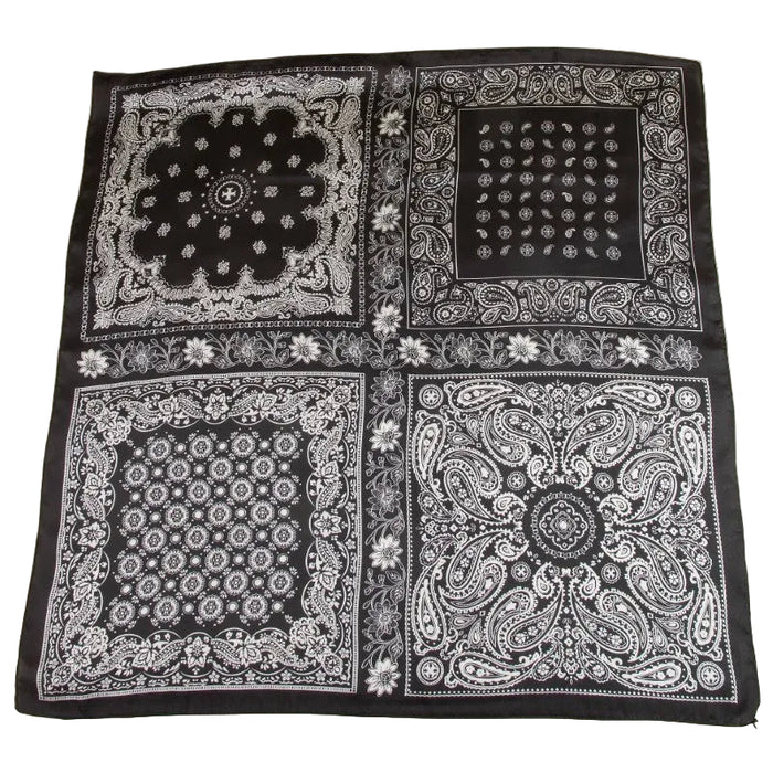 Multi-Patchwork Bandana Paisley Print Satin Square Scarf - Black