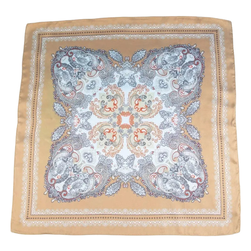 Decorative square scarf with intricate pattern on a beige background