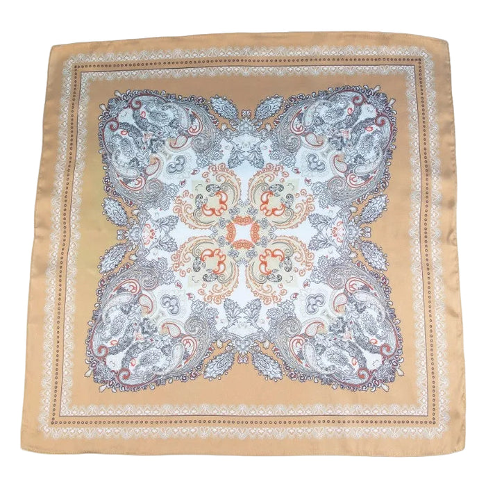 Ornate Paisley Medallion Print Satin Square Scarf - Beige