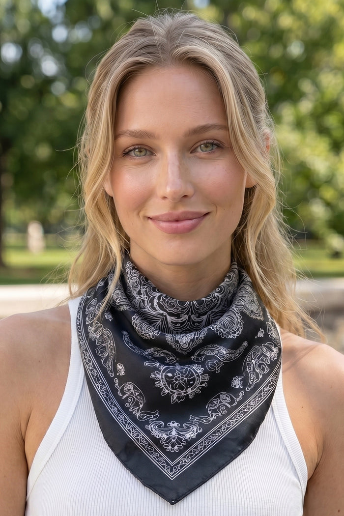 Paisley Mandala Print Square Satin Scarf - Black