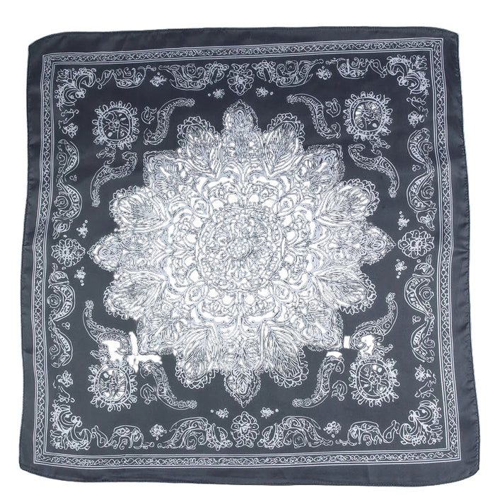 Black bandana with white paisley pattern on a white background