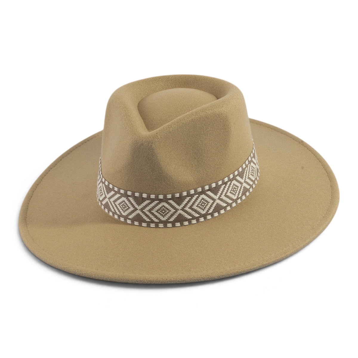 Tan woven band fedora hat with wide brim, flat top