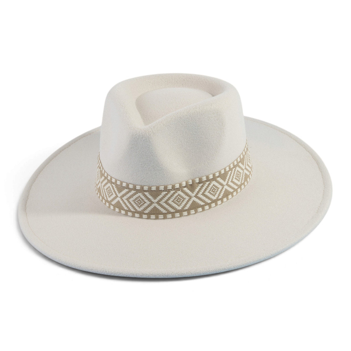 Ivory felt fedora with geometric woven band and wide brim