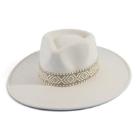 Ivory felt fedora with geometric woven band and wide brim