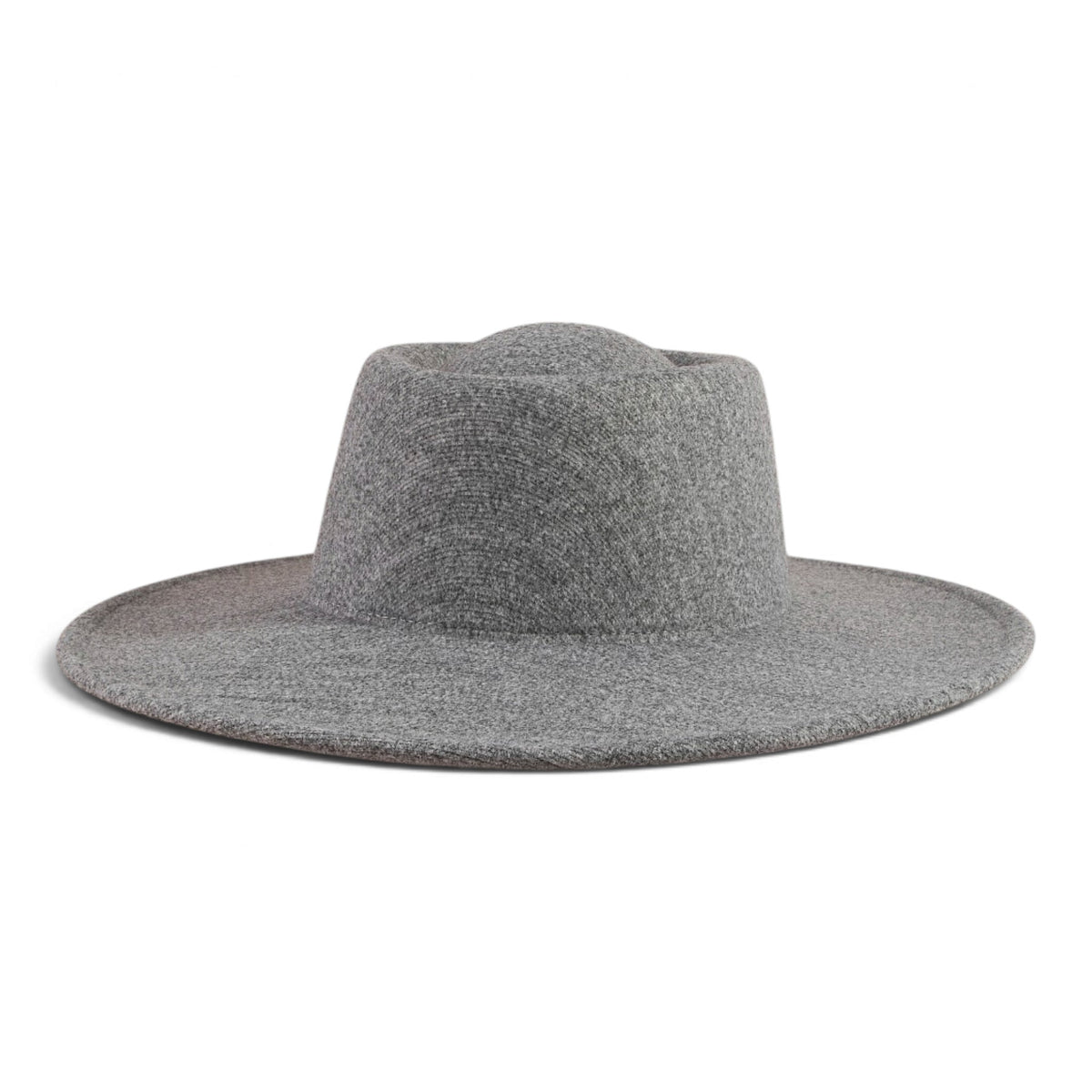 Gray flat-brim pork pie hat with rounded crown
