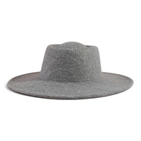 Gray flat-brim pork pie hat with rounded crown