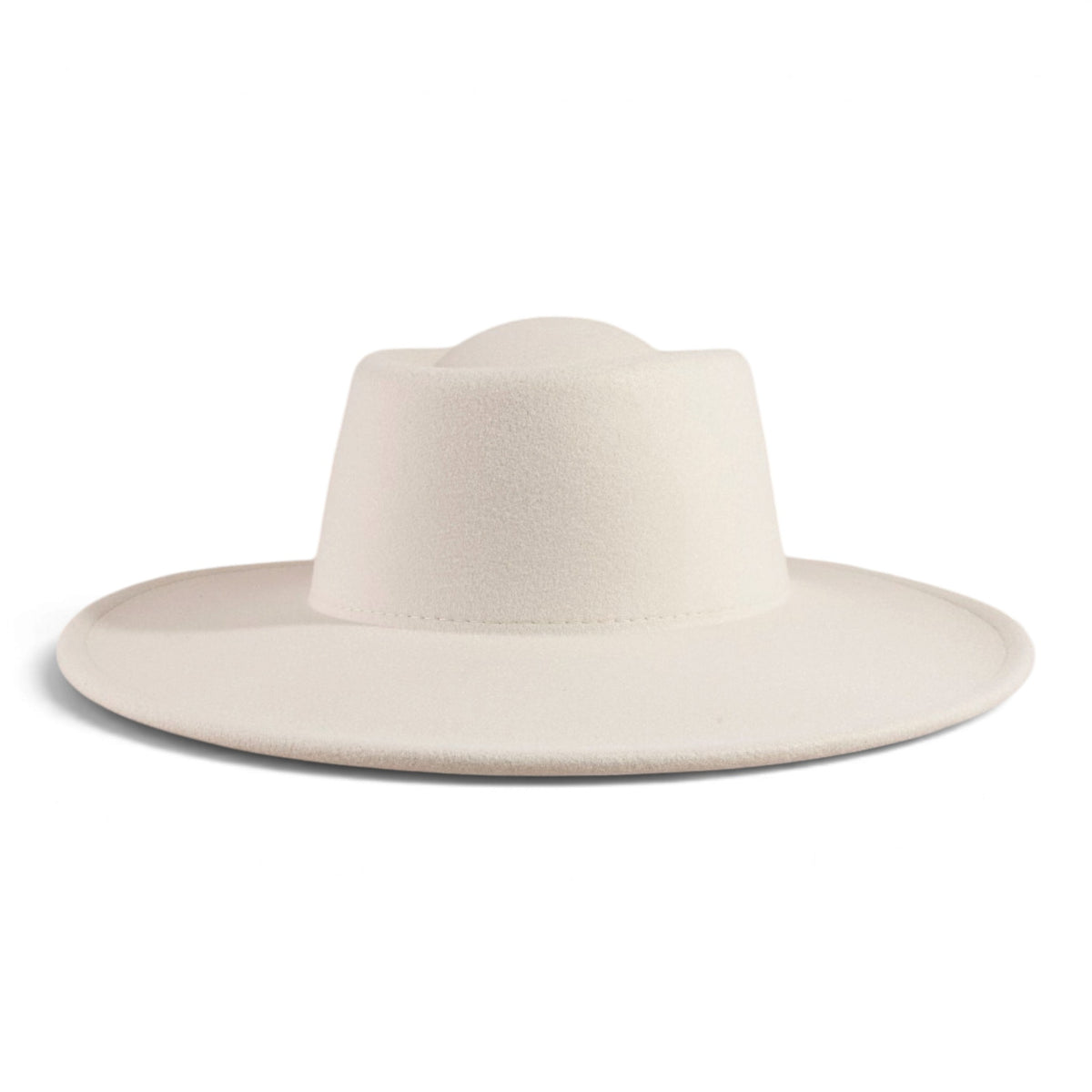 Ivory flat-brim pork pie hat with rounded crown