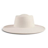 Ivory flat-brim pork pie hat with rounded crown