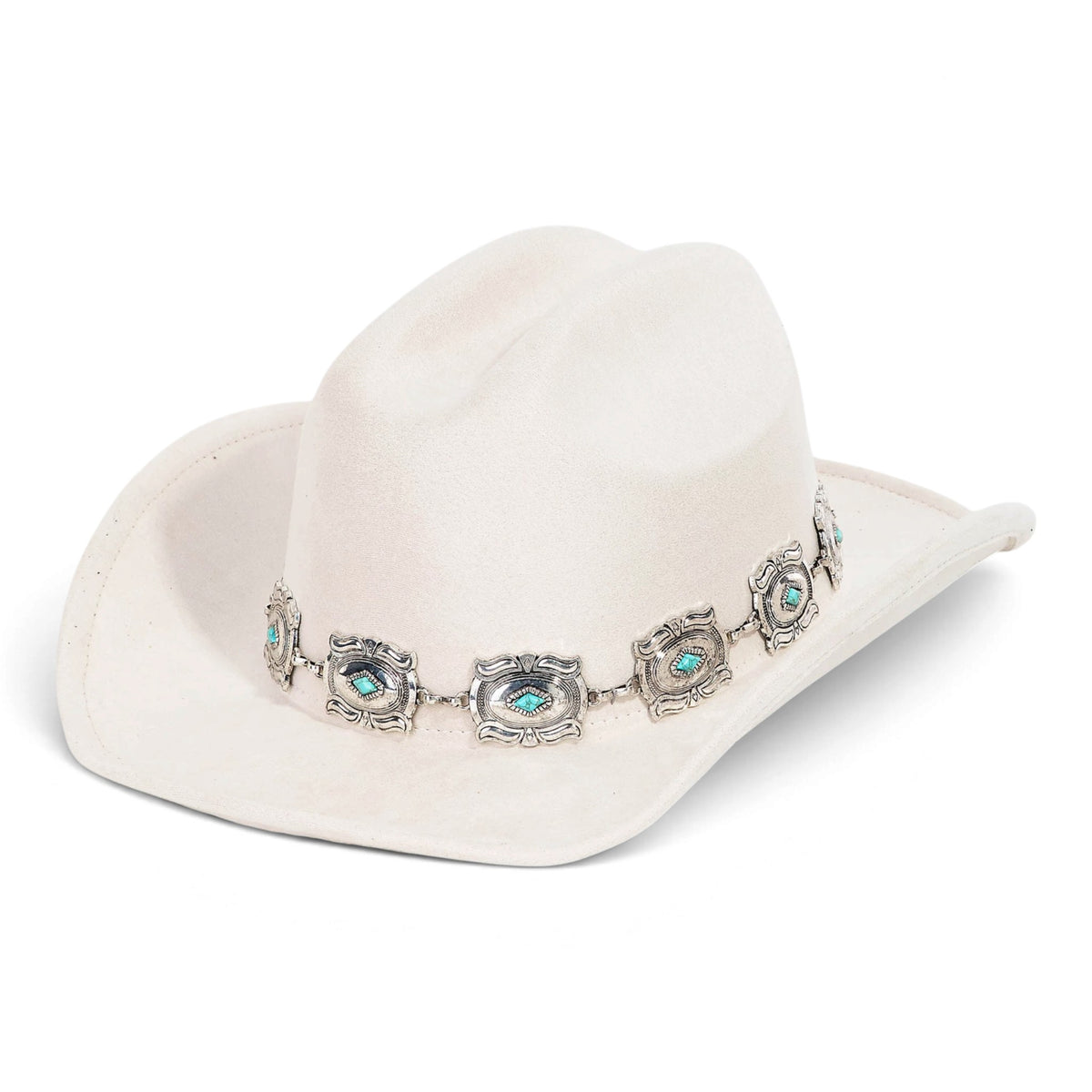 Ivory cowboy hat with silver concho chain and turquoise-like stone accents