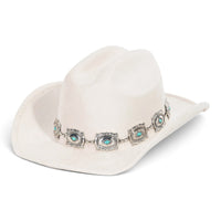 Ivory cowboy hat with silver concho chain and turquoise-like stone accents