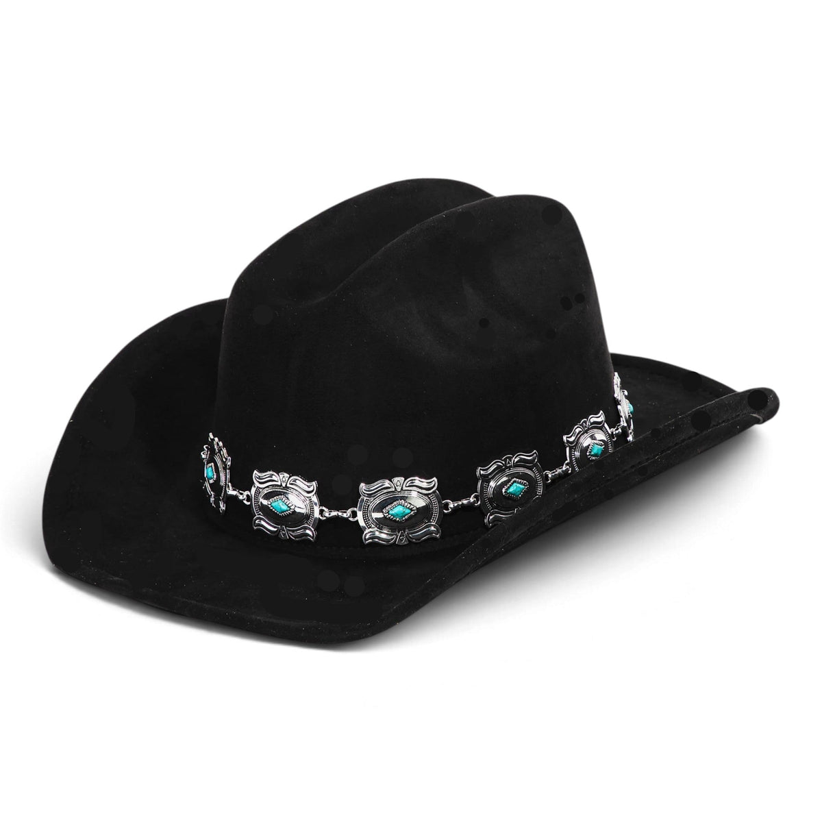 Black cowboy hat with silver concho chain and turquoise-like stone accents