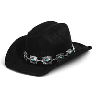 Black cowboy hat with silver concho chain and turquoise-like stone accents