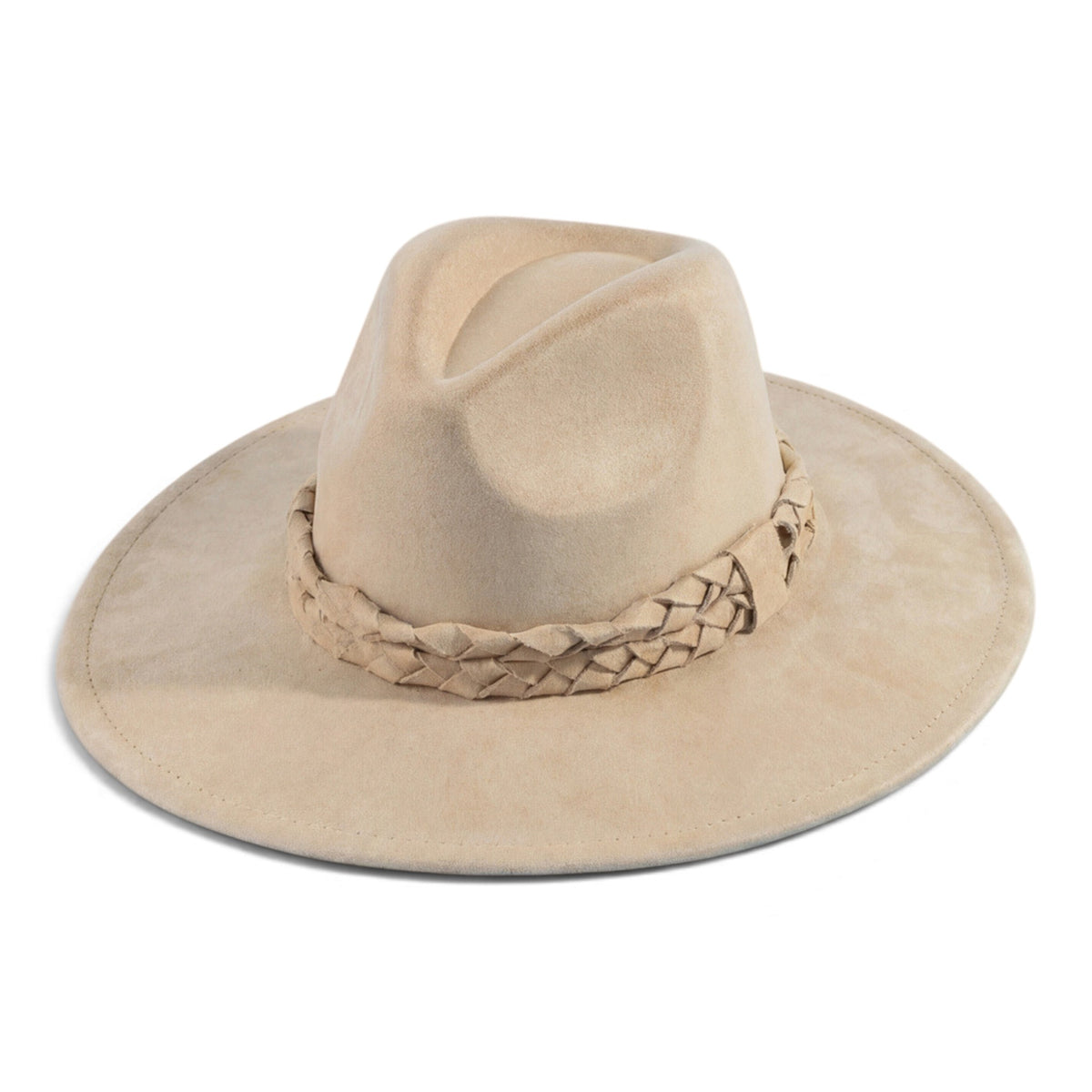 Camel wide-brim felt hat with braided band around the crown