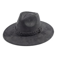 Dark charcoal wide-brim felt hat with braided band around the crown