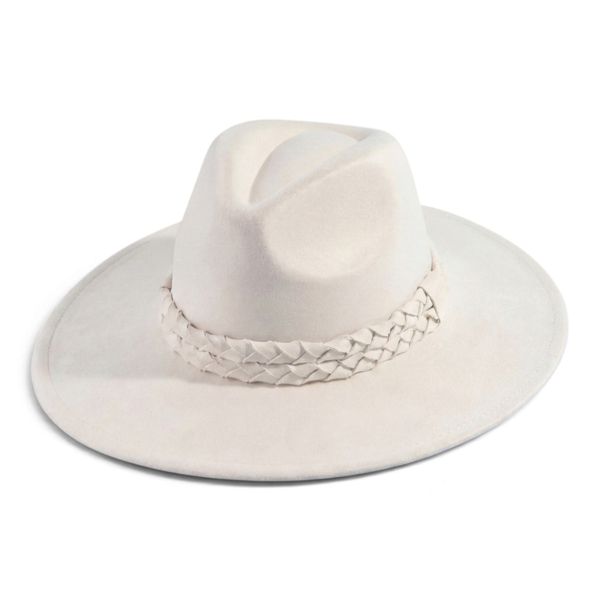 Ivory wide-brim felt hat with braided band around the crown