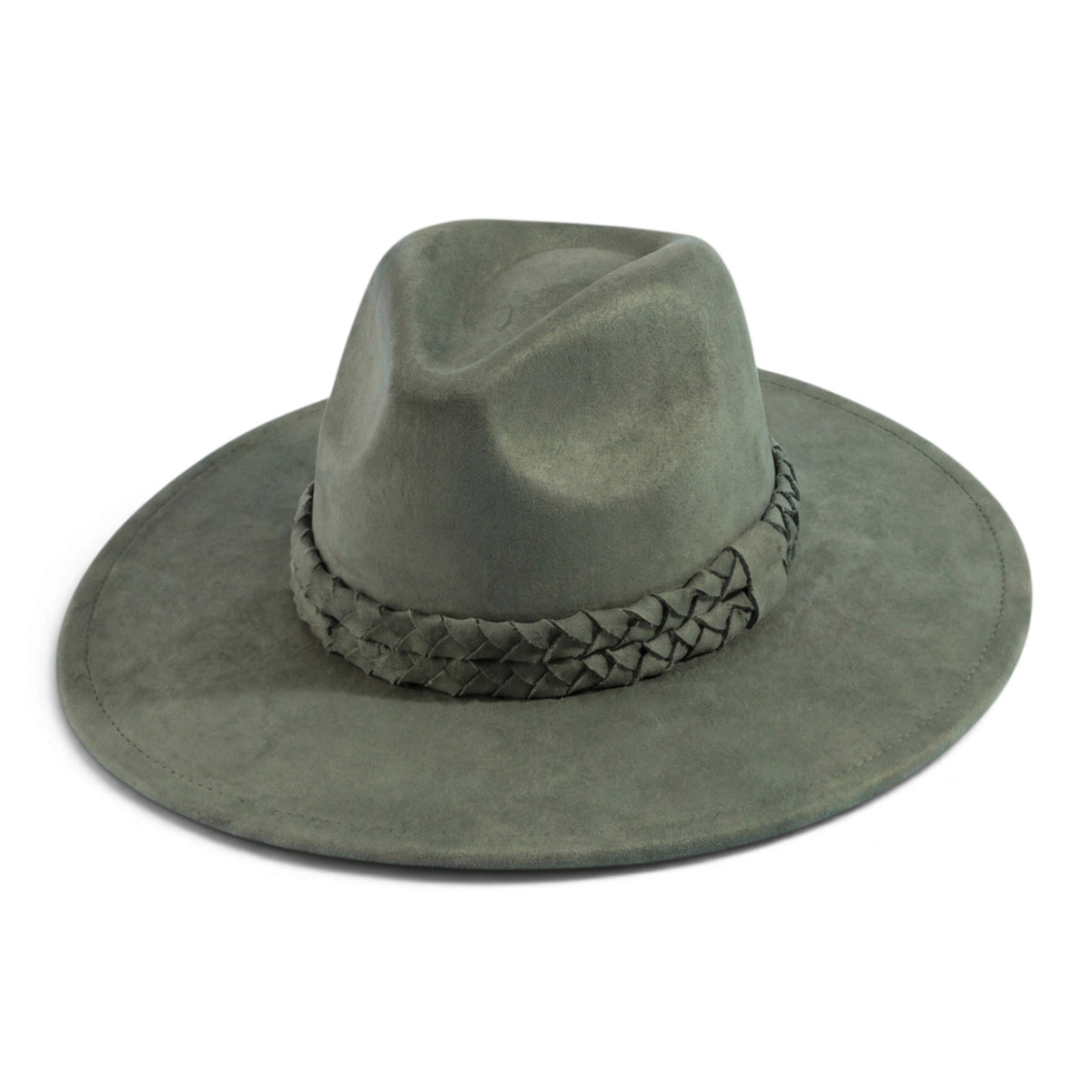 Olive green wide-brim felt hat with braided band around the crown