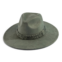 Olive green wide-brim felt hat with braided band around the crown