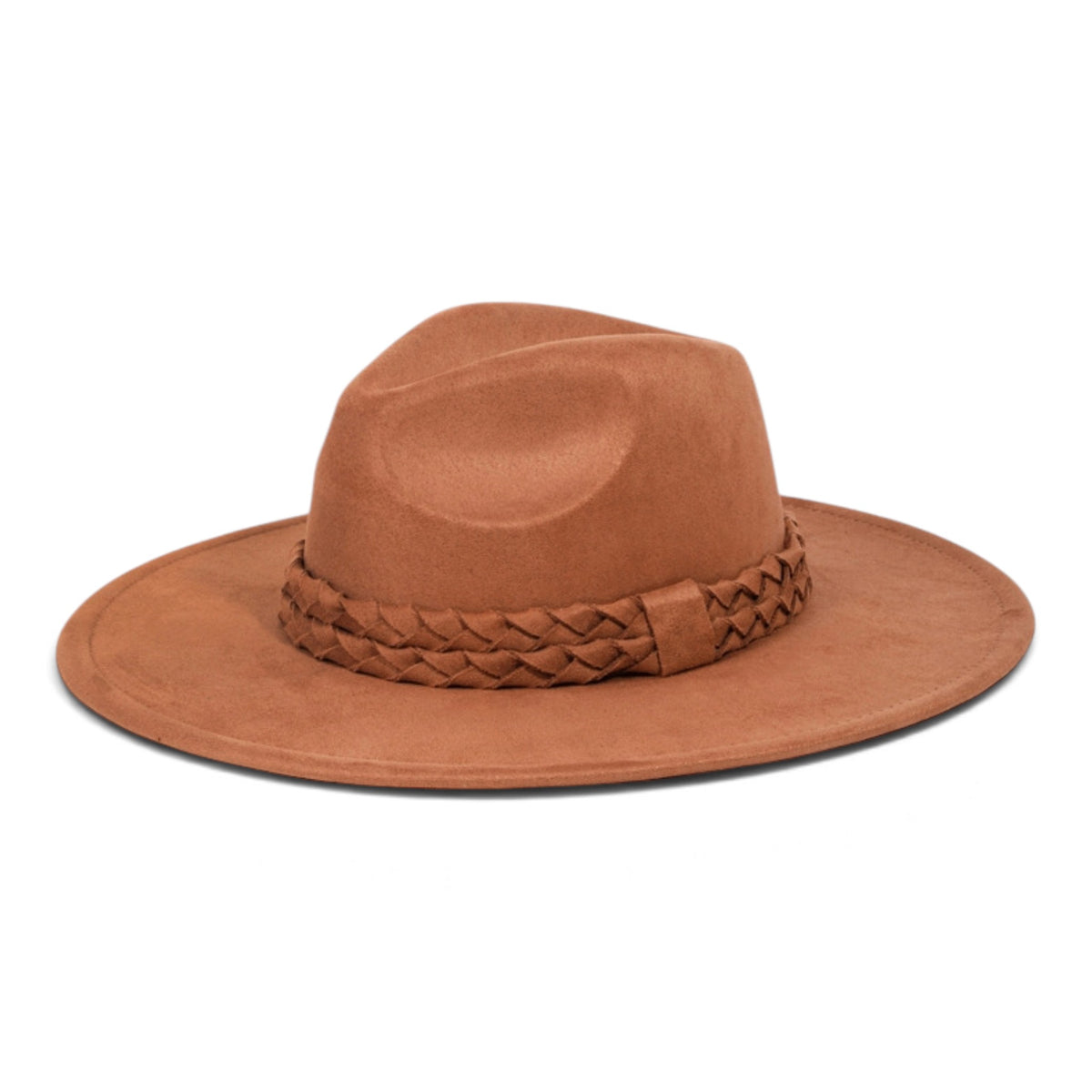 Rust brown wide-brim felt hat with braided band around the crown