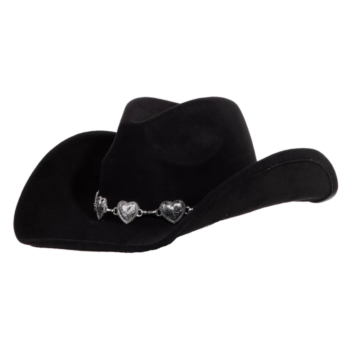 Engraved Heart Charms Band Cowboy Hat - Black
