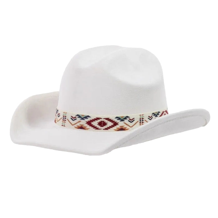 White hat with a patterned band on a white background