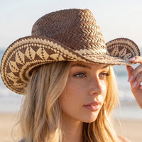Aztec Patterned Brim Two Tone Straw Cowboy Hat