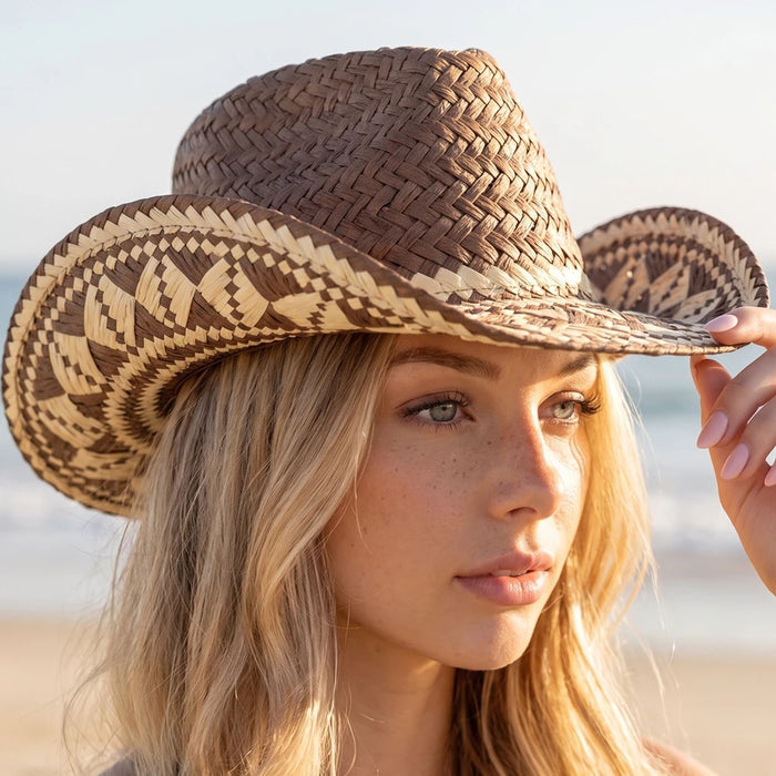 Aztec Patterned Brim Two Tone Straw Cowboy Hat
