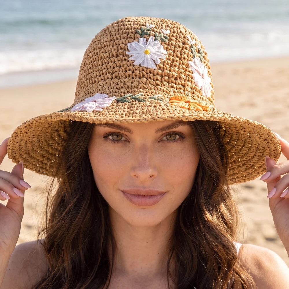 Daisy Embroidered Crochet Straw Sun Hat