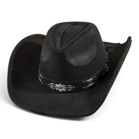 Black cowboy hat with embroidered floral band and small stud accents