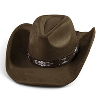 Dark brown cowboy hat with embroidered flower motif and rhinestone-stud edge