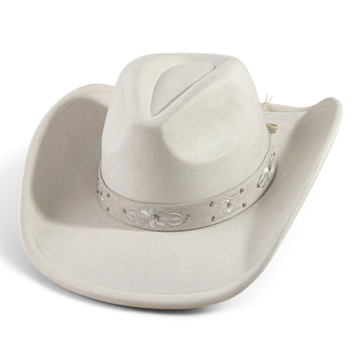 Ivory cowboy hat with floral embroidery and silver stud trim around the brim