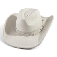 Ivory cowboy hat with floral embroidery and silver stud trim around the brim