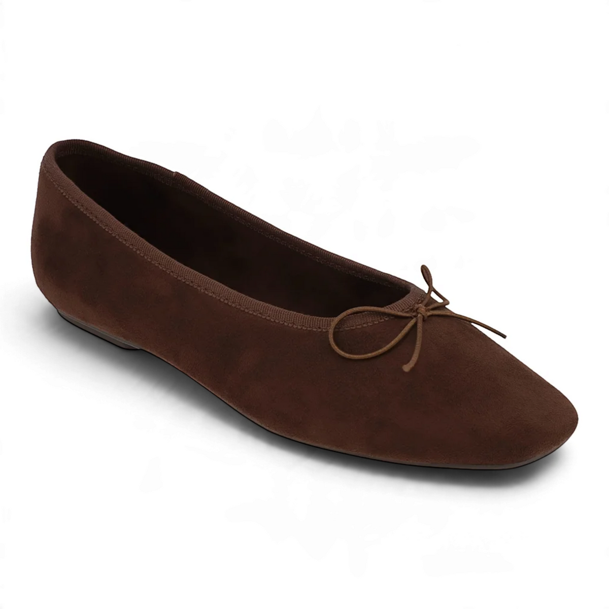 Espresso brown square-toe ballet flat with bow tie and low profile sole