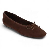 Espresso brown square-toe ballet flat with bow tie and low profile sole